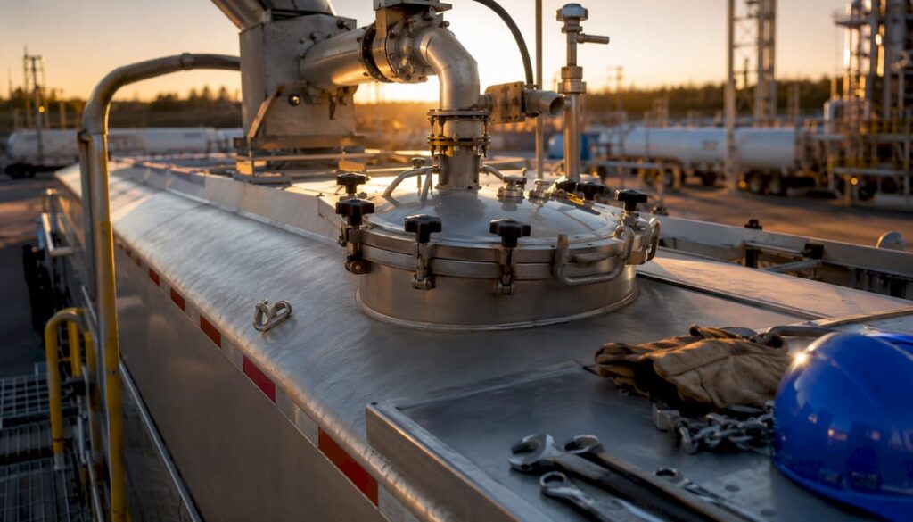 Close-up of storage pig trailer loading port with logo