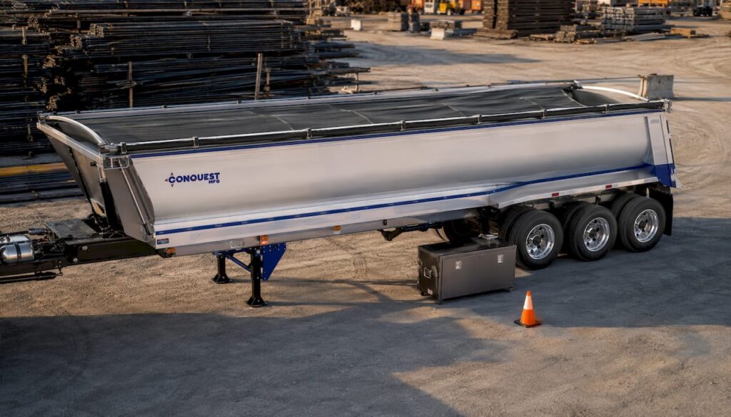 Half round end dump trailer in industrial yard