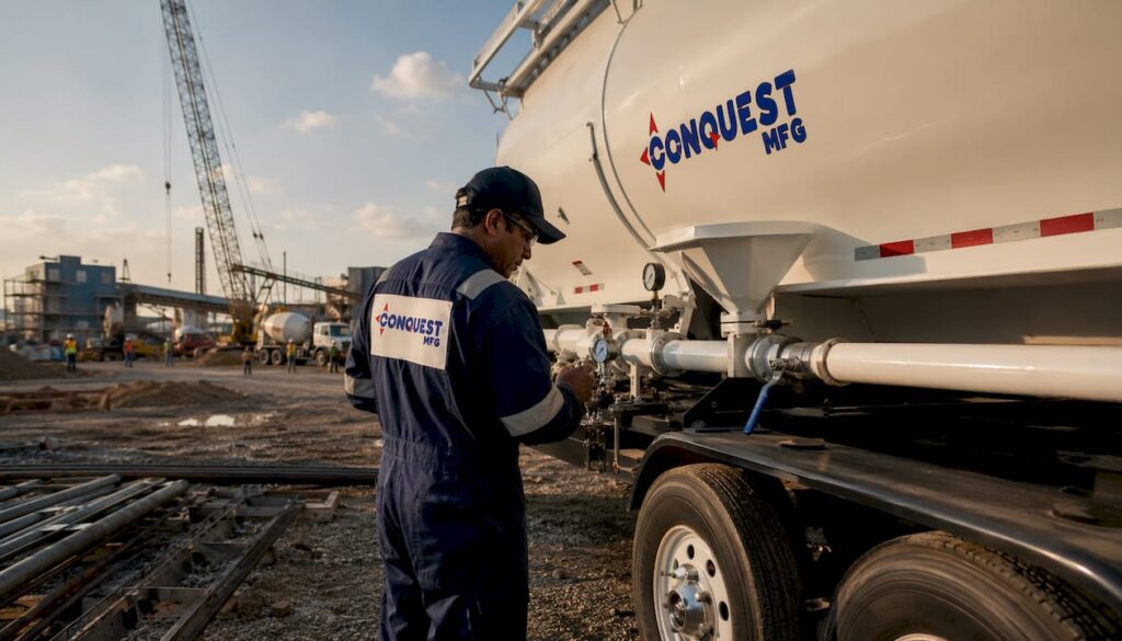 Technician inspecting mobile silo trailer on-site