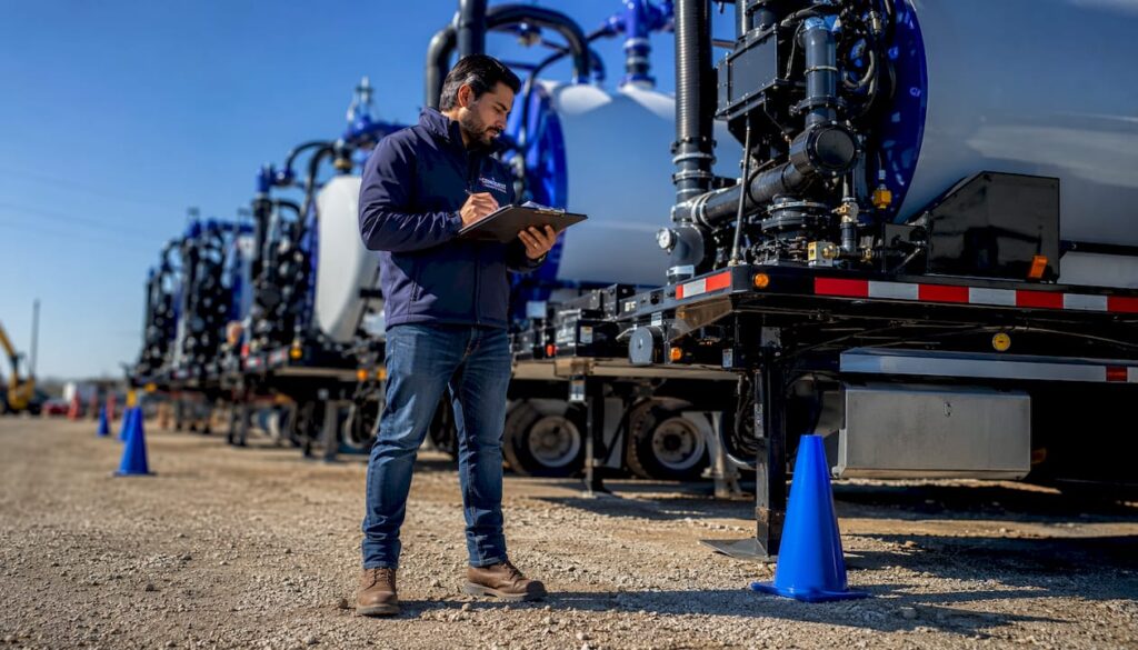 Engineer inspecting liquid waste hauling trailers outdoors