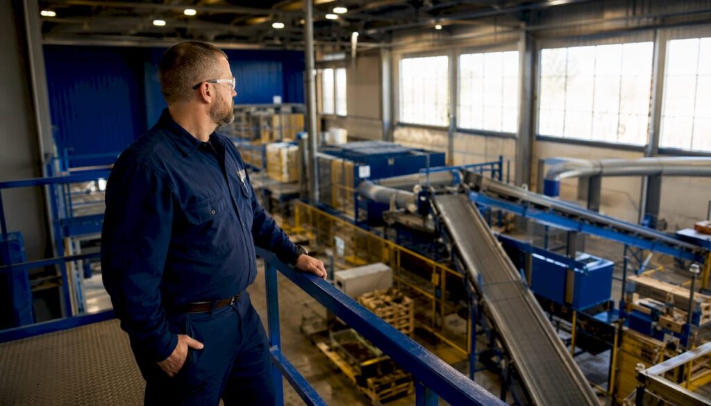 Operations technician monitoring material transfer system