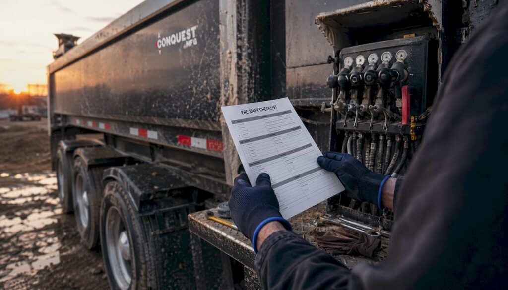 Technician hands holding safety checklist by trailer controls