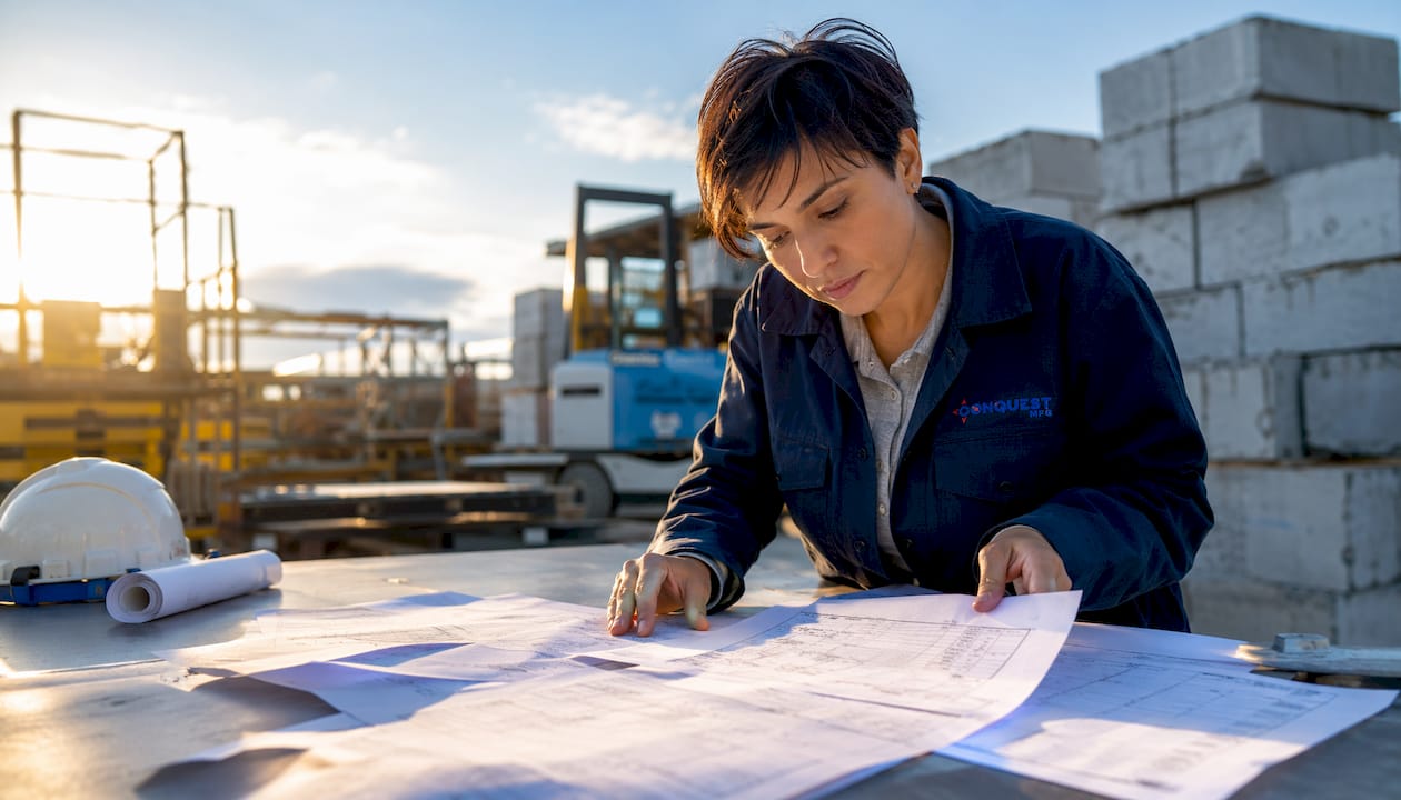 Engineer reviewing steel tank RFQ documents in office