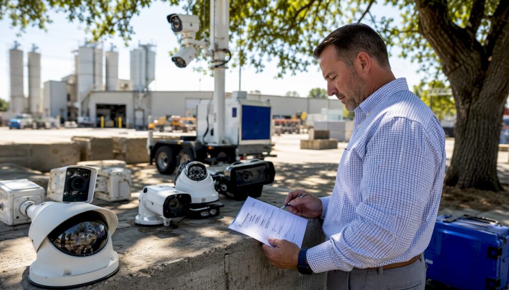 Facility manager reviewing checklist with security gear
