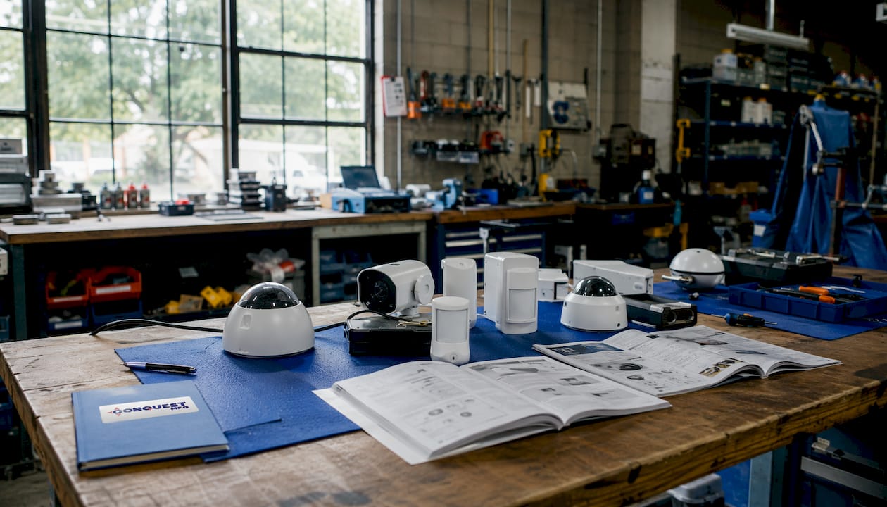 Security hardware devices on inspection table overhead