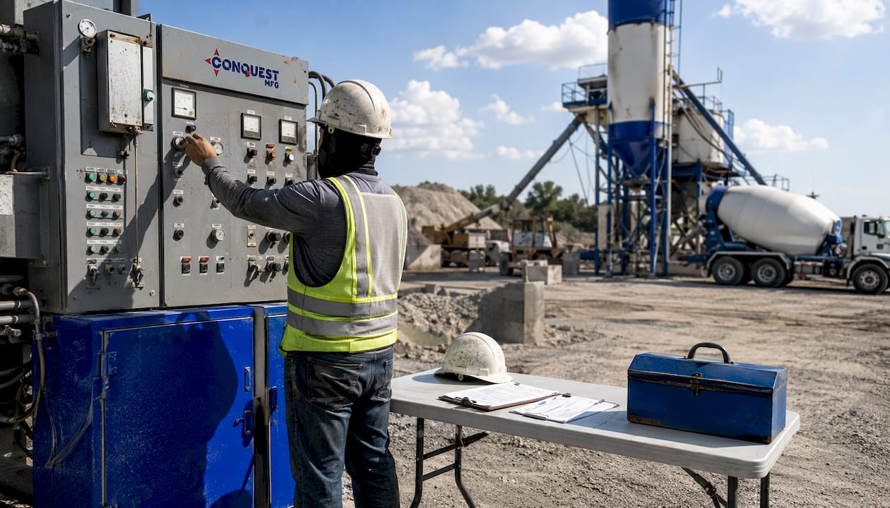 Hands adjusting concrete batch plant controls