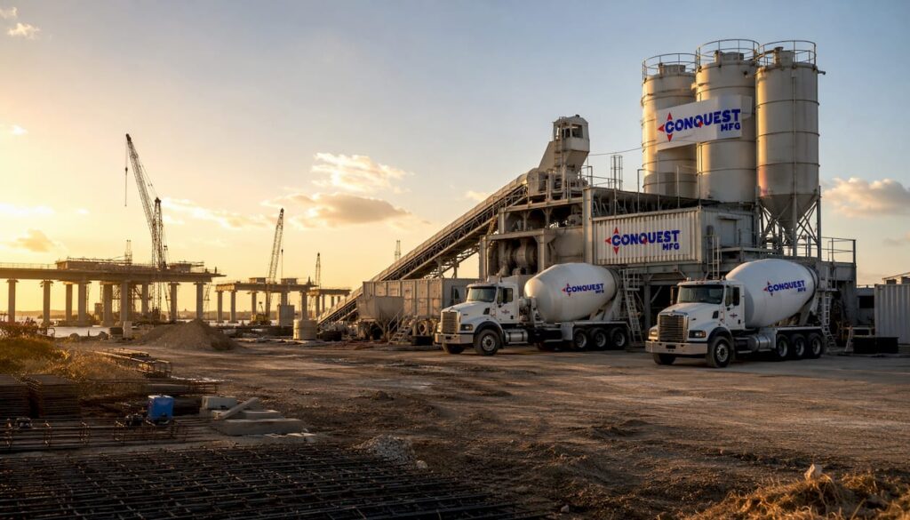 Mobile concrete batch plant on active bridge site