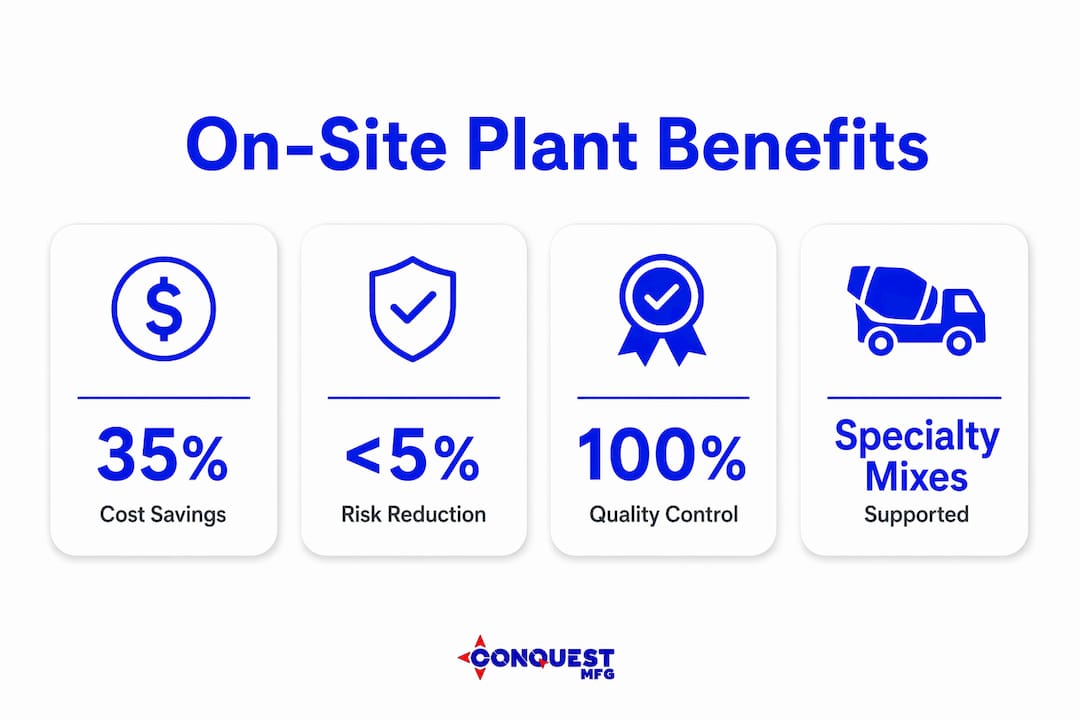 Infographic highlighting key benefits of on-site concrete plants
