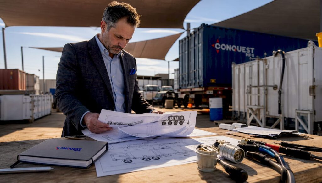 Industrial buyer reviewing freight equipment specifications