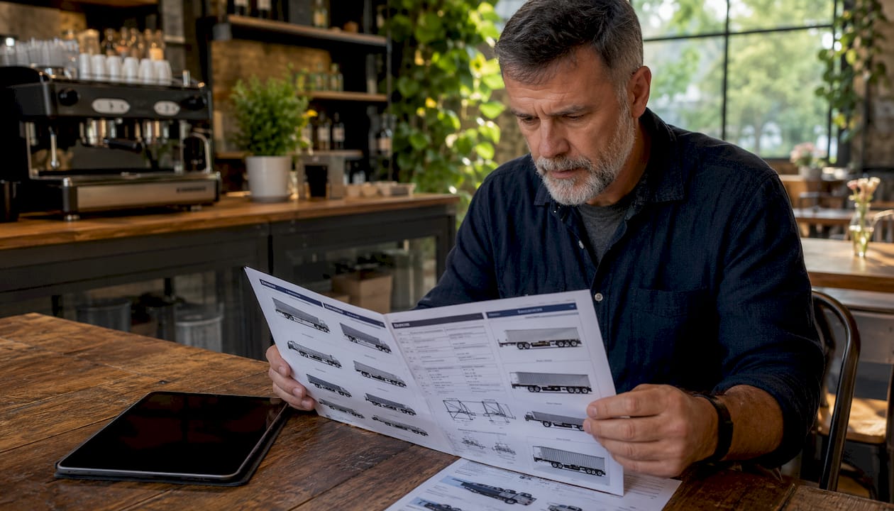 Hands reviewing trailer specs on printed sheet in office