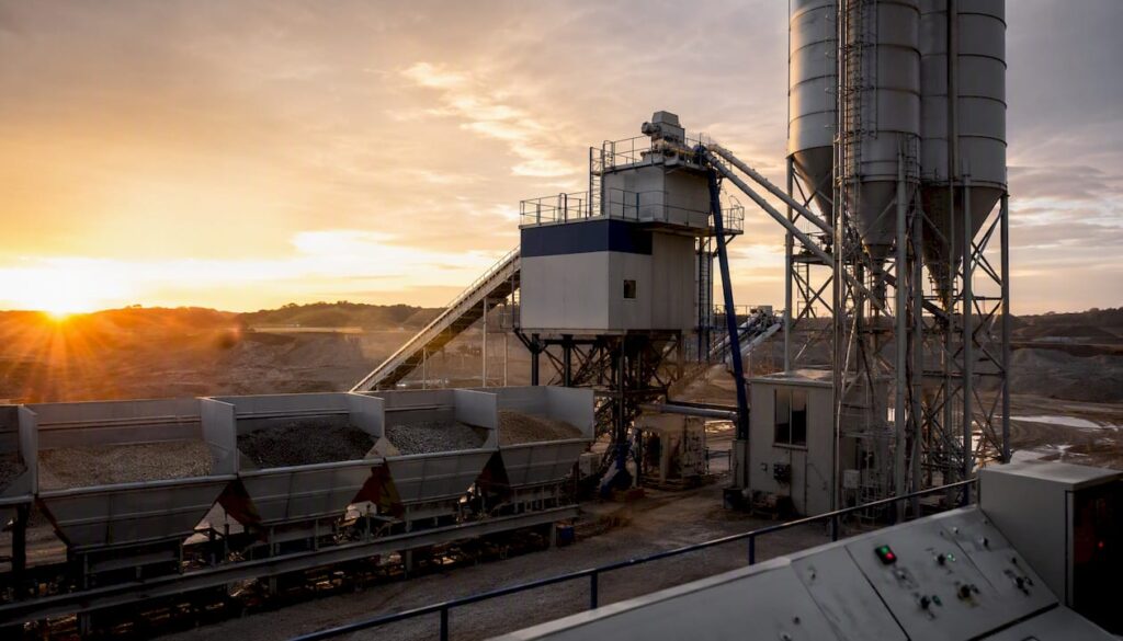 Stationary concrete batch plant with silos and control panels