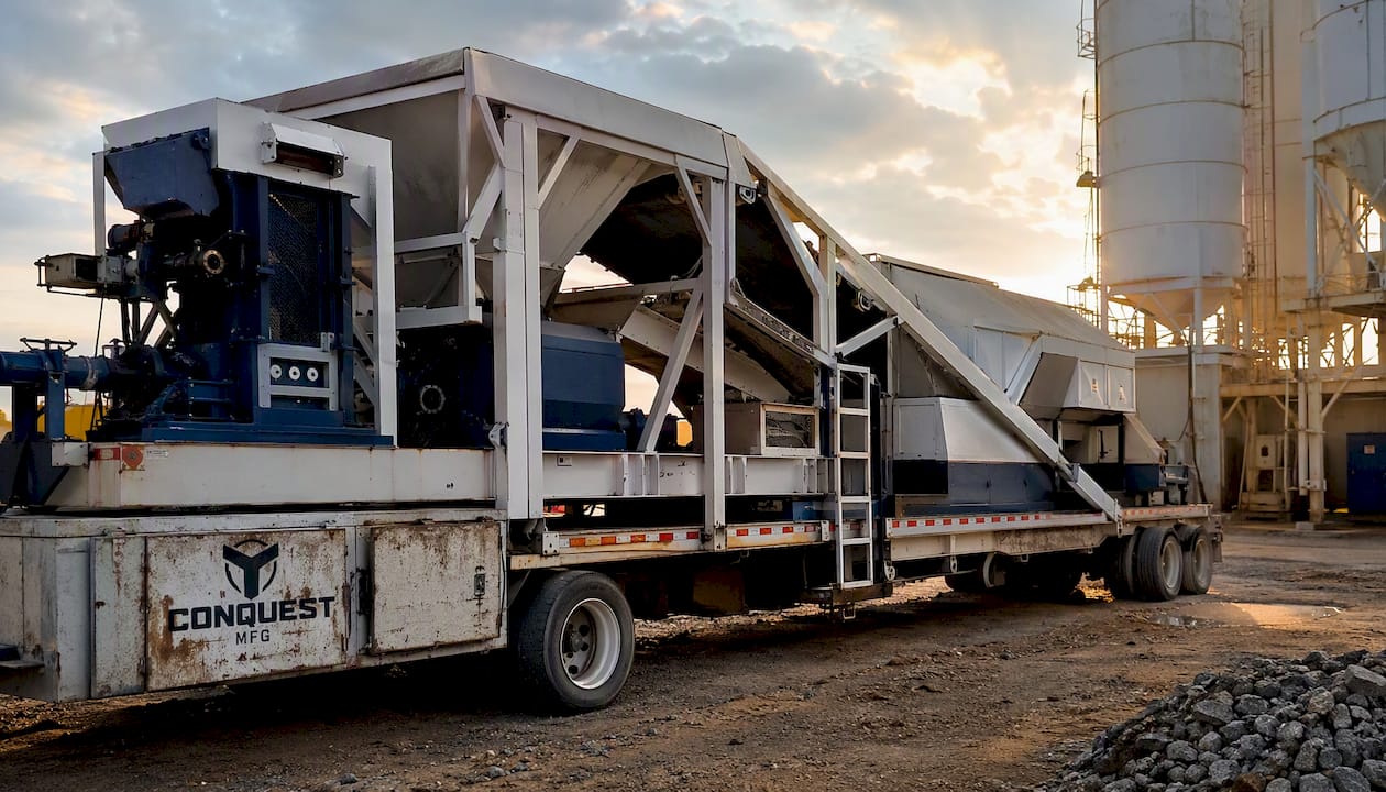 Mobile concrete batch plant trailer setup