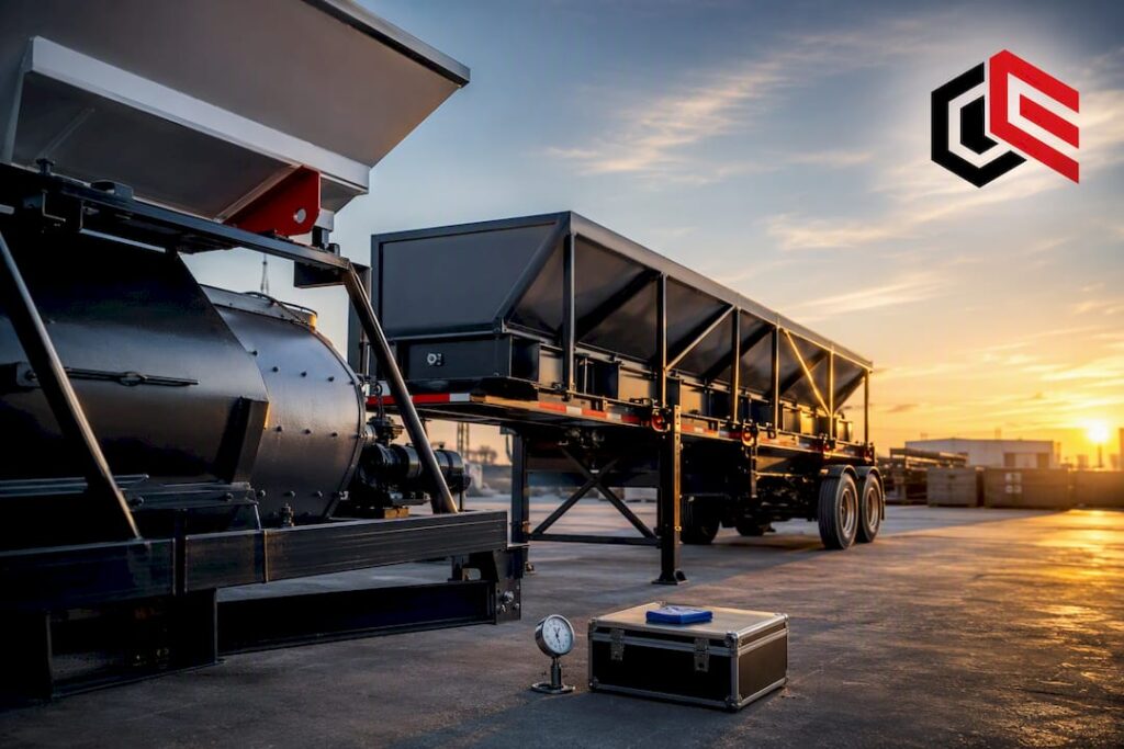 Mobile batch plant components in construction yard